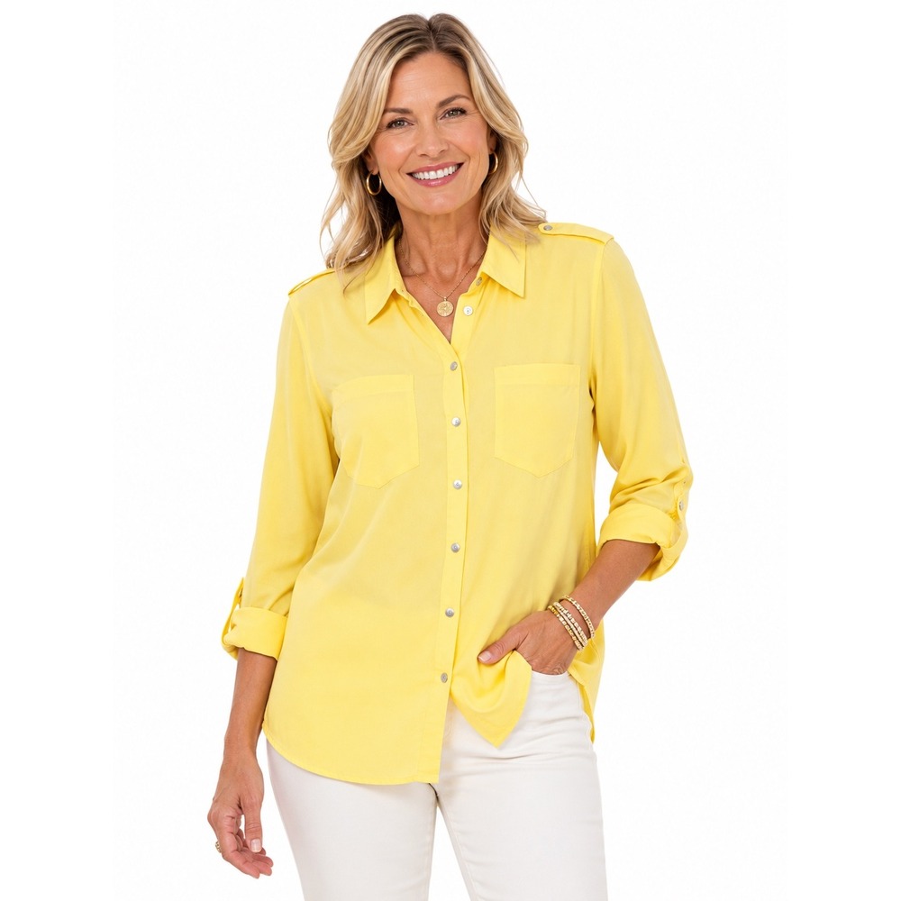 Chicos‎ Yellow Modal Utility Button Up Shirt Roll Tab Sleeve 2 US L